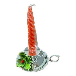 Silver plated MCM ringed handle candle holder faux holly sprig red spiral candle
